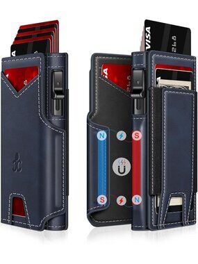 〽️Men Navy  Pop Up 9-13 Card Holder Bifold Minimalist Smart Wallet RFID Blocking